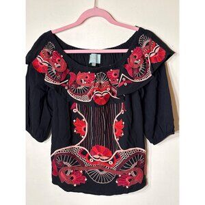 Skies Are Blue Black BOHO XS Off-Shoulder Top Red Embroidery Floral 3/4 Sleeves